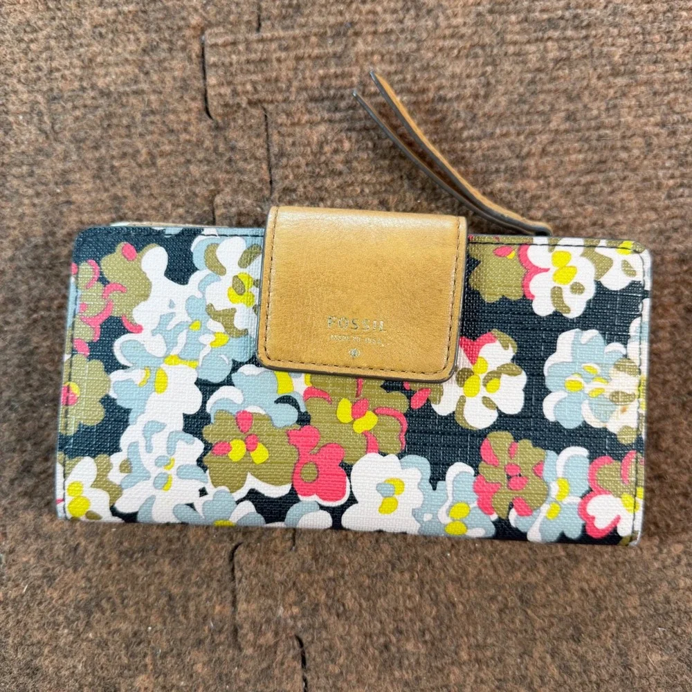 Fossil Logan Slim Bifold Wallet Floral Print Tan Leather Trim Multicolor 1841